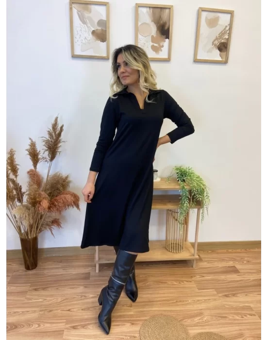 Kadın Uzun Kollu Yakalı Midi Viskon Iki Iplik Elbise