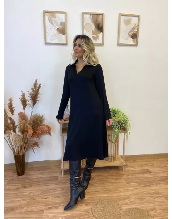 Kadın Uzun Kollu Yakalı Midi Viskon Iki Iplik Elbise