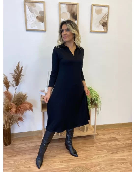Kadın Uzun Kollu Yakalı Midi Viskon Iki Iplik Elbise