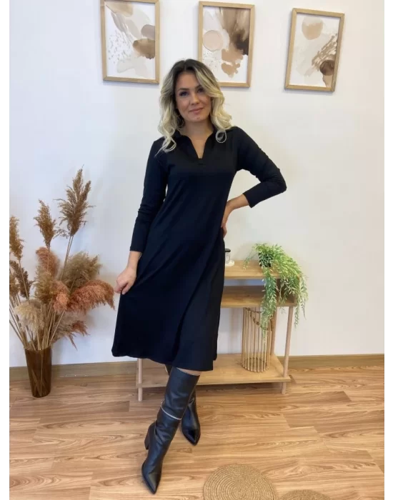 Kadın Uzun Kollu Yakalı Midi Viskon Iki Iplik Elbise