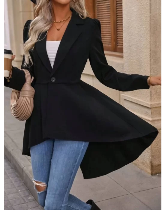 Kadın Uzun Kollu Yakalı önden Düğmeli Uzun Atlas Blazer Ceket