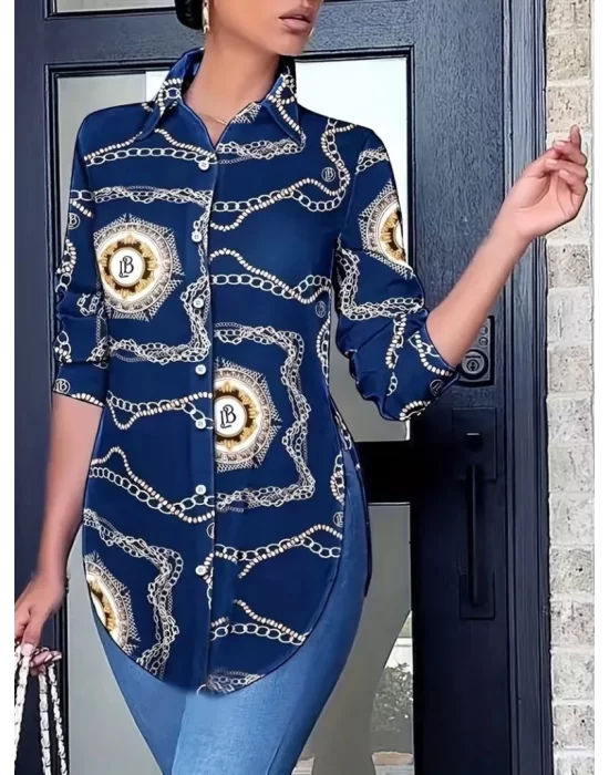 Kadın Uzun Kollu Yanları Yırtmaç Detay Desenli Gömlek