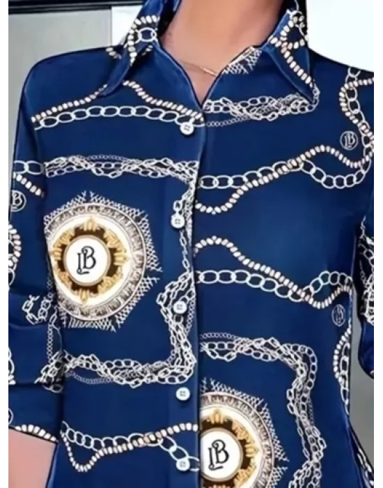 Kadın Uzun Kollu Yanları Yırtmaç Detay Desenli Gömlek