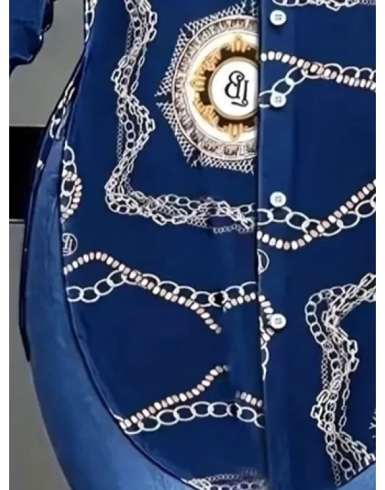 Kadın Uzun Kollu Yanları Yırtmaç Detay Desenli Gömlek