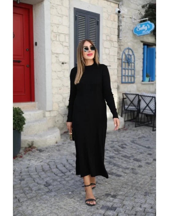 Kadın Uzun Kollu Yarı Balıkçı Yaka Arkadan Pencere Detaylı Bağcıklı Midi Triko Elbise