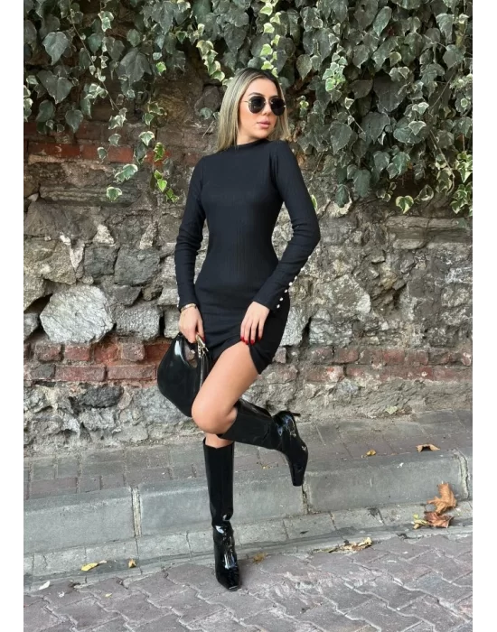 Kadın Uzun Kollu Yarı Balıkçı Yaka Kollar Düğme Detaylı Kısa şardonlu Kaşkorse Elbise
