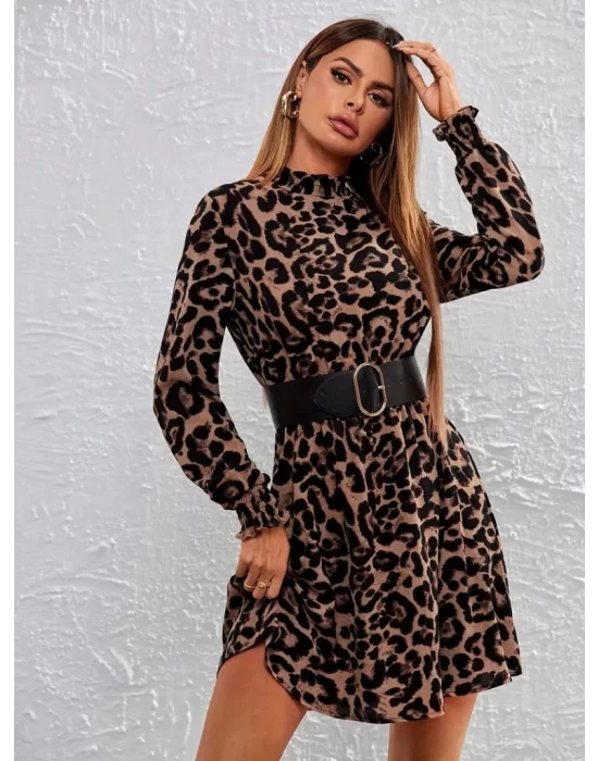 Kadın Uzun Kollu Yarı Balıkçı Yaka Leopar Desenli Kadife Elbise