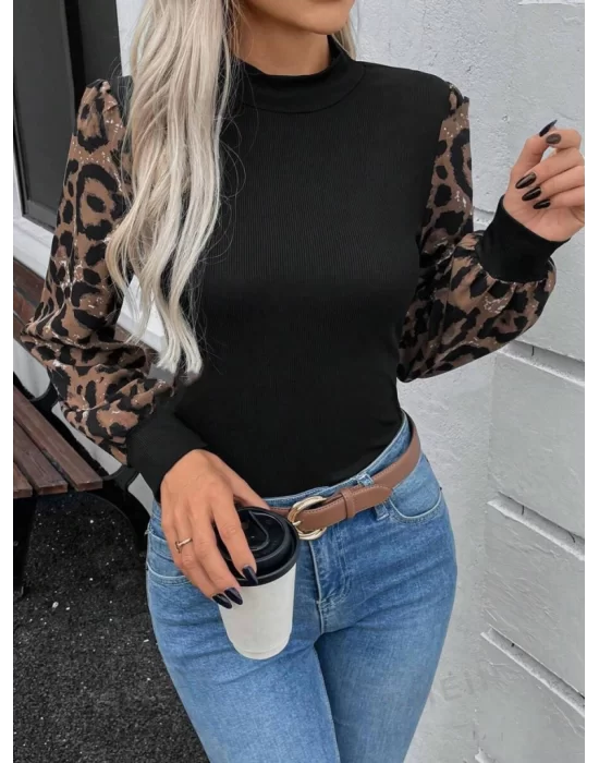 Kadın Uzun Kollu Yarı Balıkçı Yaka Leopar Detaylı Kaşkorse Bluz