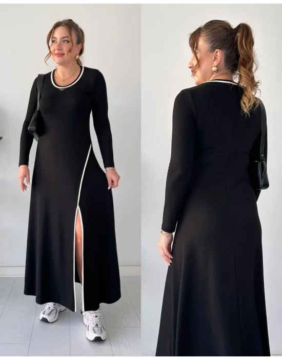 Kadın Uzun Kollu Yuvarlak Ribana Yaka Yırtmaçlı Uzun Viskon Iki Iplik Elbise