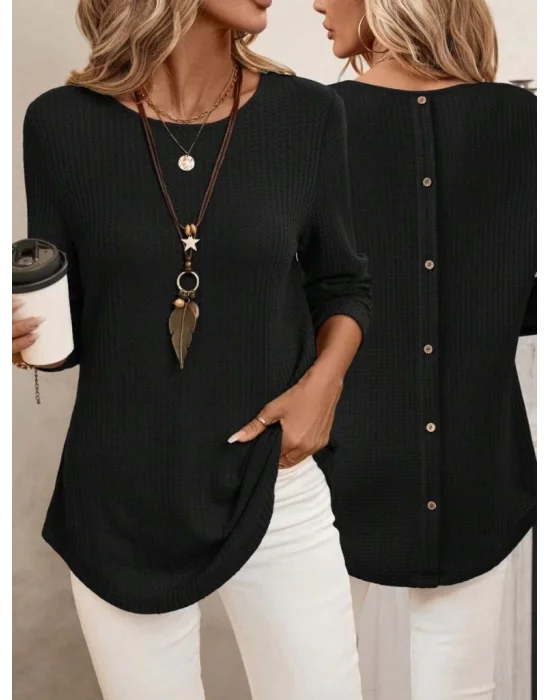 MetuCa Kadın Siyah Uzun Kollu Sırtı Düğmeli Bisiklet Yaka Waffle Kumaş Bluz Tunik