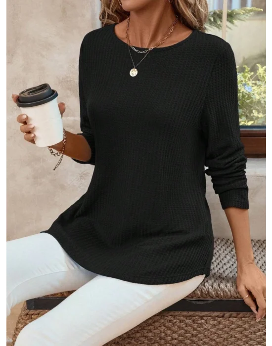 MetuCa Kadın Siyah Uzun Kollu Sırtı Düğmeli Bisiklet Yaka Waffle Kumaş Bluz Tunik