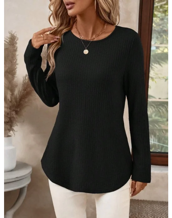 MetuCa Kadın Siyah Uzun Kollu Sırtı Düğmeli Bisiklet Yaka Waffle Kumaş Bluz Tunik