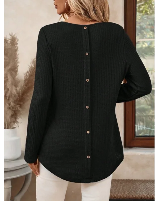 MetuCa Kadın Siyah Uzun Kollu Sırtı Düğmeli Bisiklet Yaka Waffle Kumaş Bluz Tunik