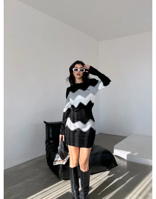 Kadın Uzun Kollu Zigzag Desen Triko Elbise