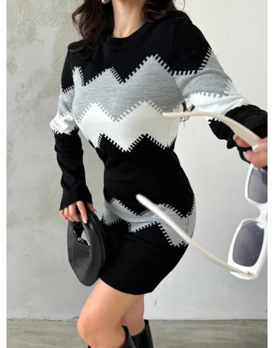 Kadın Uzun Kollu Zigzag Desen Triko Elbise