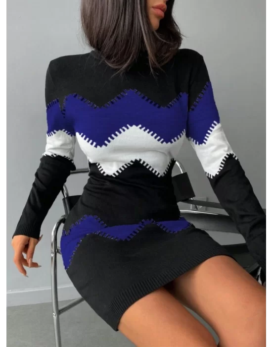Kadın Uzun Kollu Zigzag Desen Triko Elbise