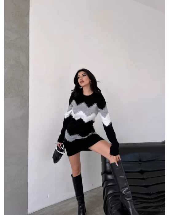 Kadın Uzun Kollu Zigzag Desen Triko Elbise