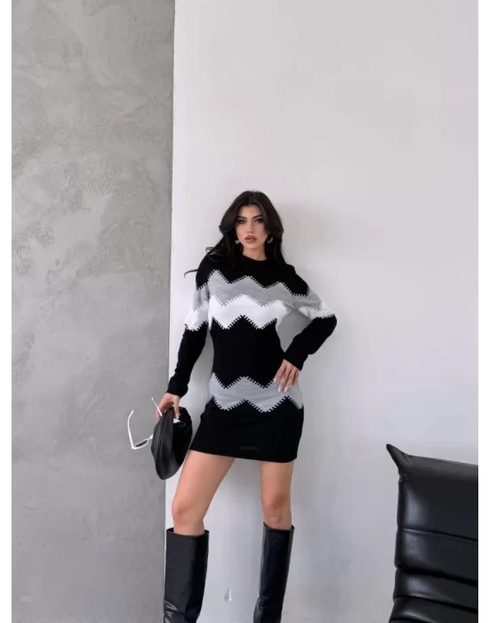 Kadın Uzun Kollu Zigzag Desen Triko Elbise