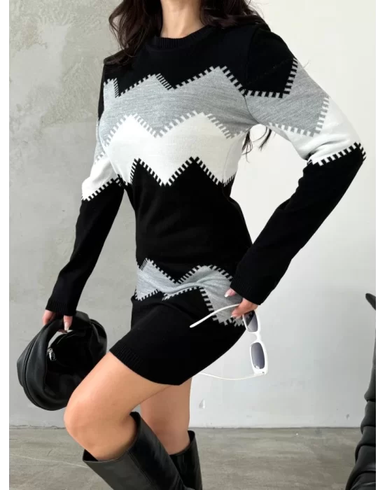 Kadın Uzun Kollu Zigzag Desen Triko Elbise