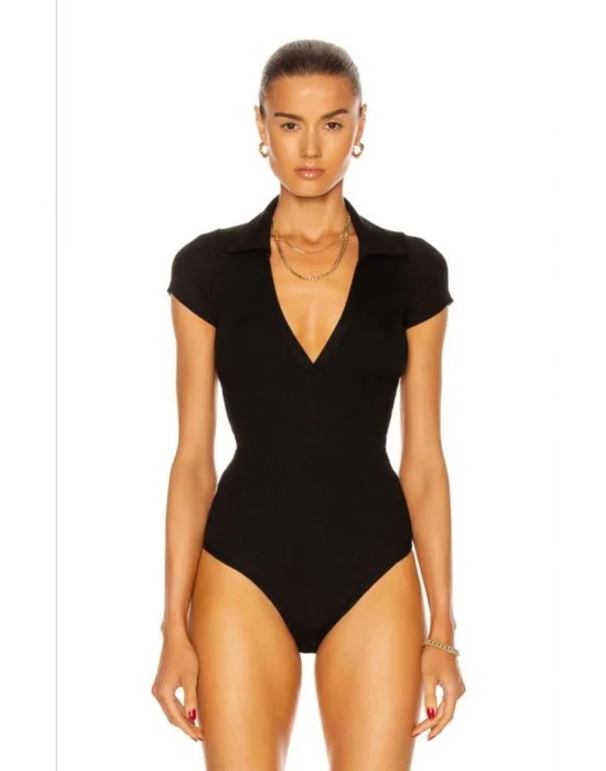 Kadın V Polo Yaka Kısa Kollu Ipek Jarse Bodysuit