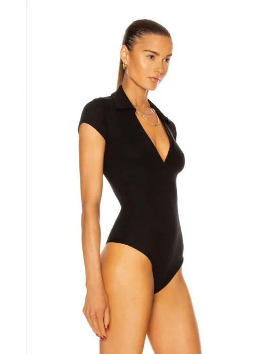 Kadın V Polo Yaka Kısa Kollu Ipek Jarse Bodysuit