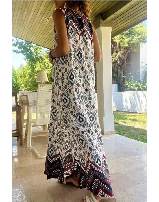 Kadın V Yaka Etnik Desen Baskılı Yırtmaç Detay Maxi Boy Elbise