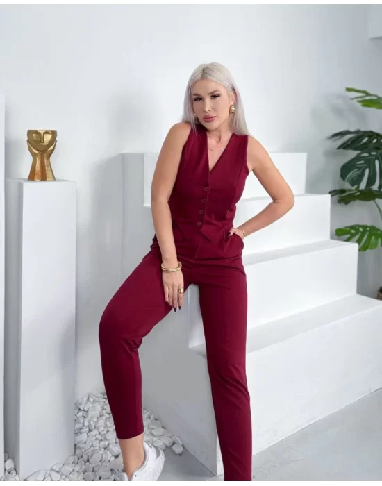Kadın V Yaka Gipe Detay Kolsuz Yelek Ve Yüksek Bel Kısa Paça Pantolon Ikili Takım