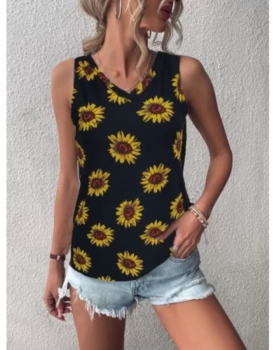 Kadın V Yaka Kolsuz Ayçiçeği Desen Krep Bluz