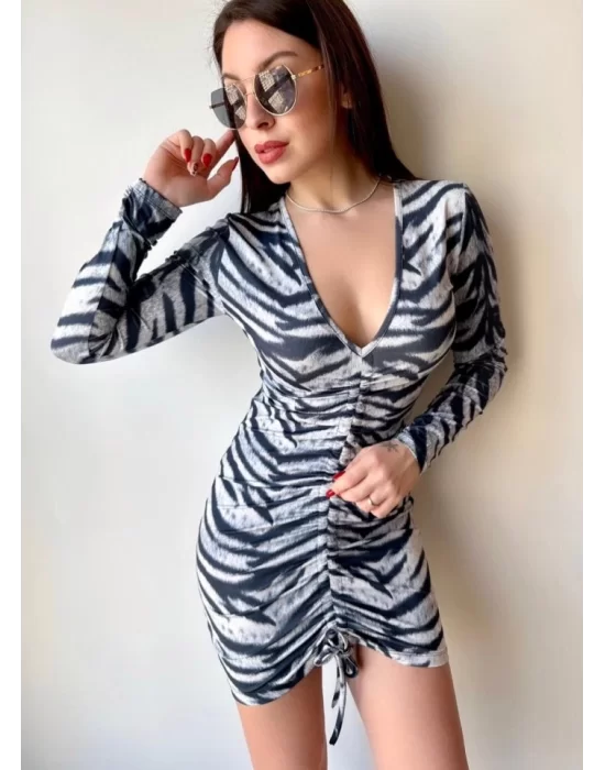 Kadın V Yaka önü Asansör Büzgü Detay Fırsat ürün Zebra Mini Elbise
