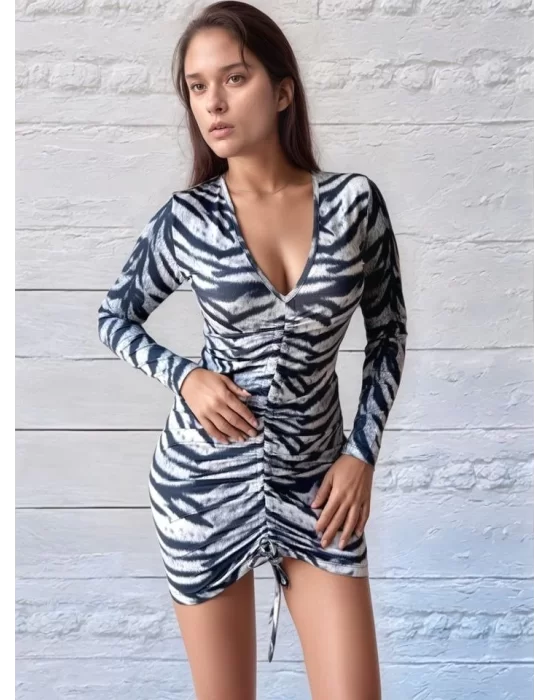 Kadın V Yaka önü Asansör Büzgü Detay Fırsat ürün Zebra Mini Elbise