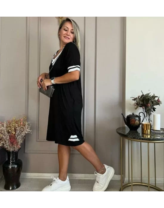 Kadın V Yaka Ribana Detaylı Cepli Dizüstü Viskon Elbise