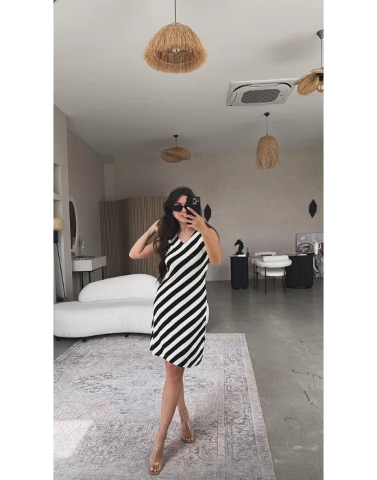 Kadın V Yaka Sıfır Kol Diz üstü çizgi Desenli Elbise