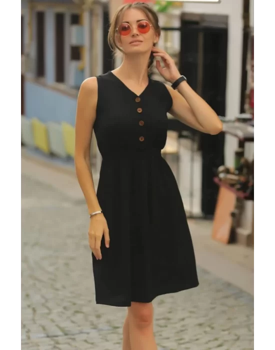 Kadın V Yakalı önden Düğme Detay Beli Lastikli Keten Kısa Elbise