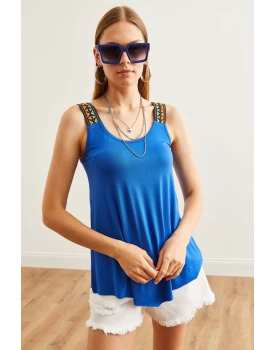 Kadın Viskon Kumaş Otantik Desen Askılı Bluz
