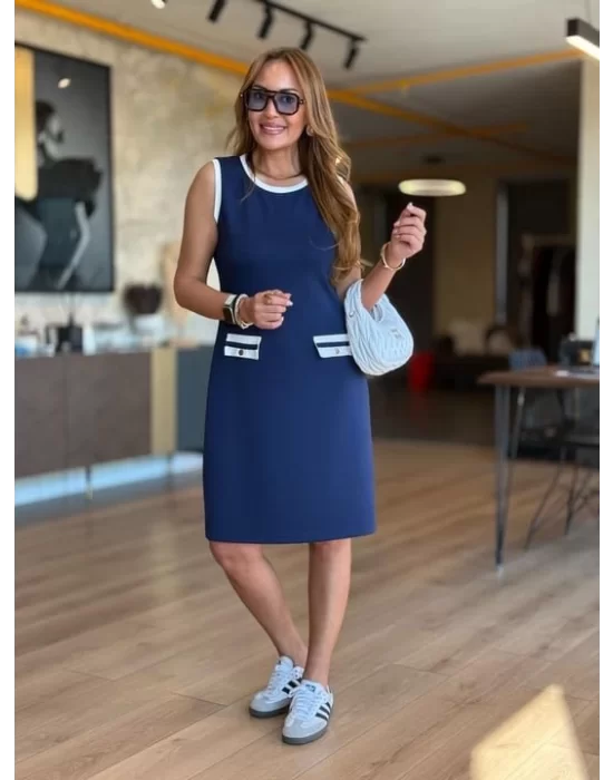 Kadın Viskon Kumaş Sıfır Kol Cep Detaylı Midi Boy Elbise