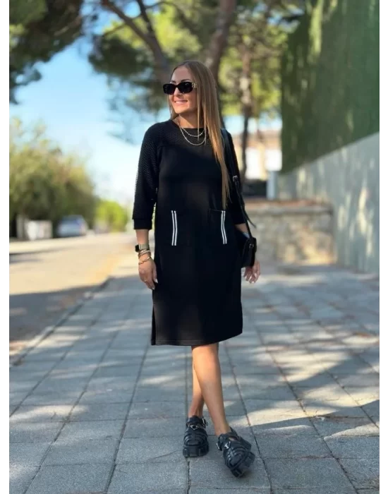 Kadın Viskon Pamuklu Kumaş Kol File , şerit Ve Cep Detaylı Elbise
