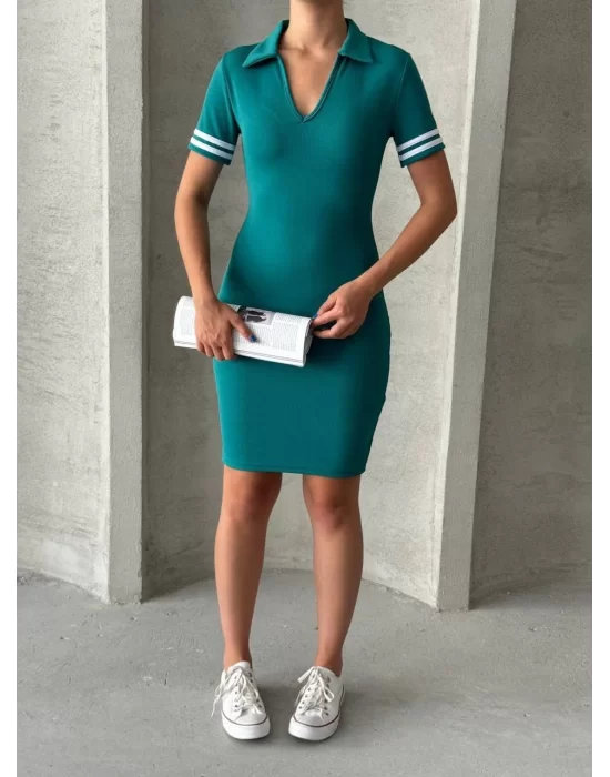 Kadın Yakalı Kolları şeritli Mini Boy Kısa Kollu Elbise