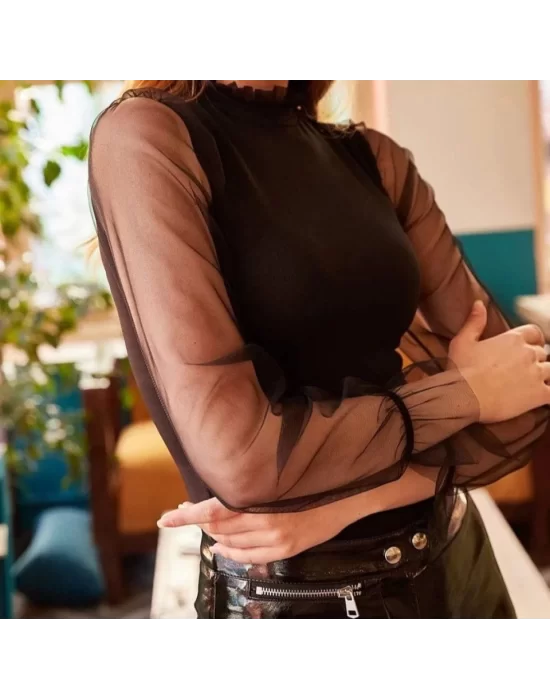 Kadın Yakası Fırfır Detay Kolları Tül Bluz