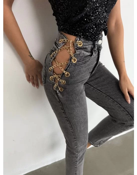 Kadın Yandan Zincir Ve Kuş Gözü Detaylı Jean Kot Pantolon