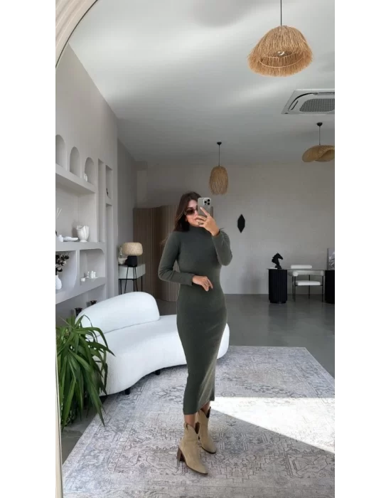 Kadın Yarım Balıkçı Yaka Süet Kumaş Fırsat ürün Midi Boy Elbise