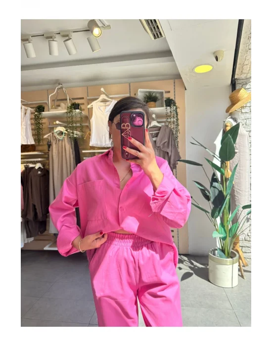 MetuCa Kadın Pembe Gabardin Takım: Oversize Gömlek & Beli Lastikli Havuç Kesim Pantolon