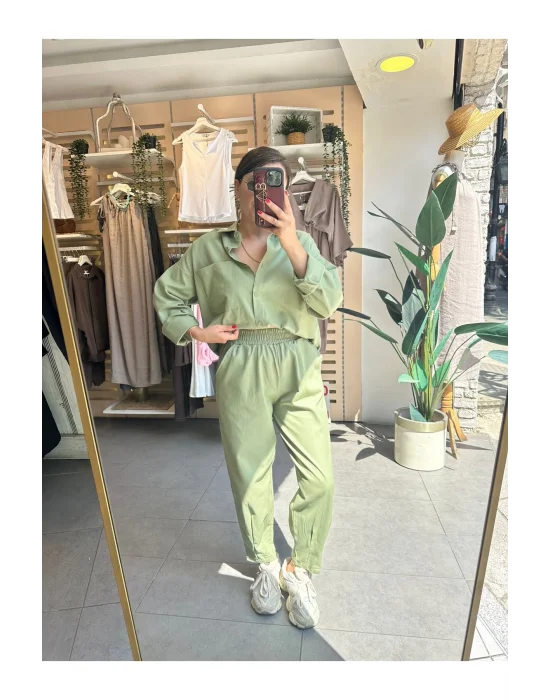 MetuCa Kadın Çağla Yeşili Gabardin Takım: Oversize Gömlek & Beli Lastikli Havuç Kesim Pantolon