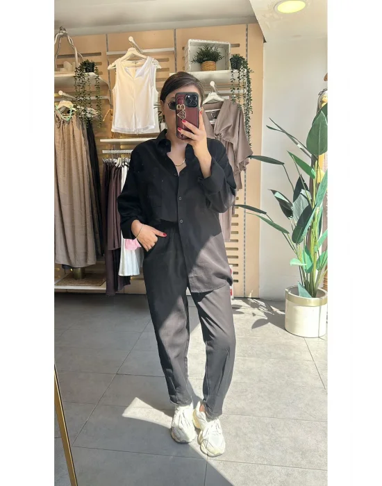 MetuCa Kadın Siyah Gabardin Takım: Oversize Gömlek & Beli Lastikli Havuç Kesim Pantolon