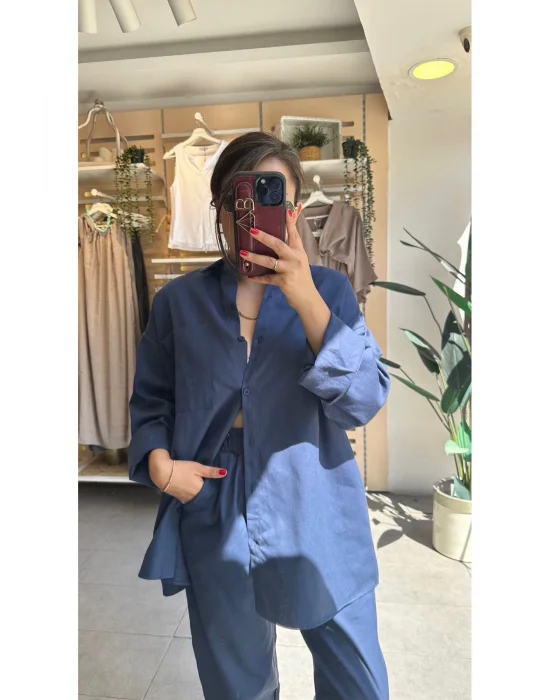 MetuCa Kadın Lacivert Gabardin Takım: Oversize Gömlek & Beli Lastikli Havuç Kesim Pantolon