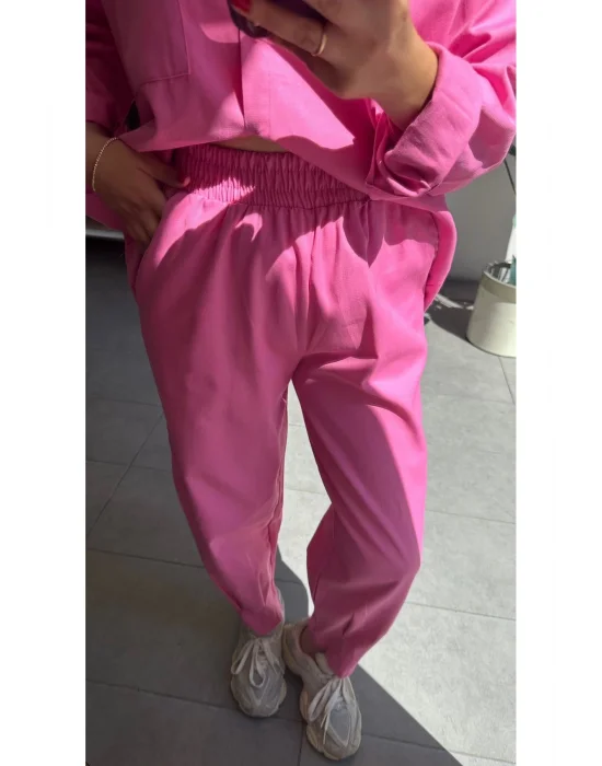 MetuCa Kadın Pembe Gabardin Takım: Oversize Gömlek & Beli Lastikli Havuç Kesim Pantolon