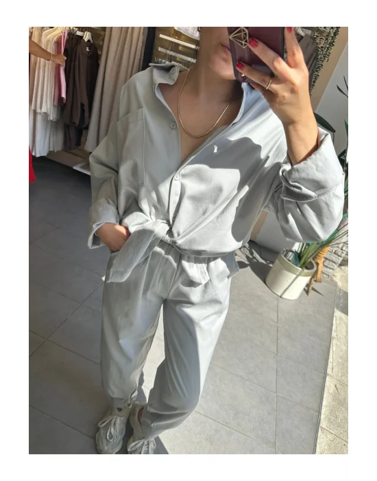 MetuCa Kadın Gri Gabardin Takım: Oversize Gömlek & Beli Lastikli Havuç Pantolon