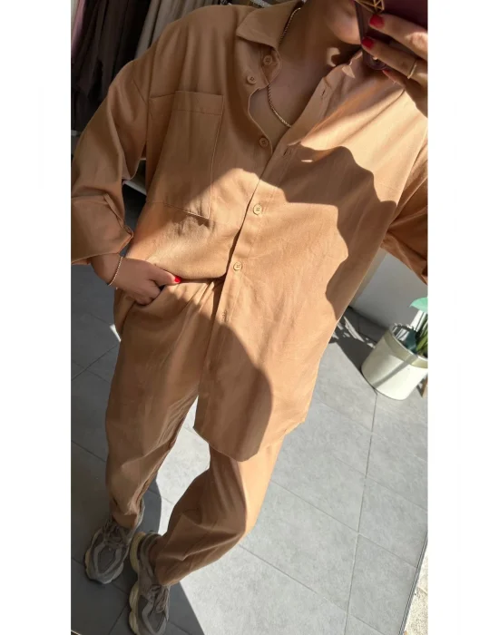 MetuCa Kadın Camel Gabardin Takım: Oversize Gömlek & Beli Lastikli Havuç Kesim Pantolon