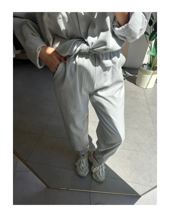 MetuCa Kadın Gri Gabardin Takım: Oversize Gömlek & Beli Lastikli Havuç Pantolon