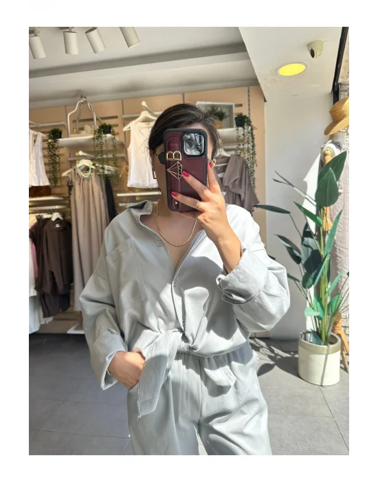 MetuCa Kadın Gri Gabardin Takım: Oversize Gömlek & Beli Lastikli Havuç Pantolon