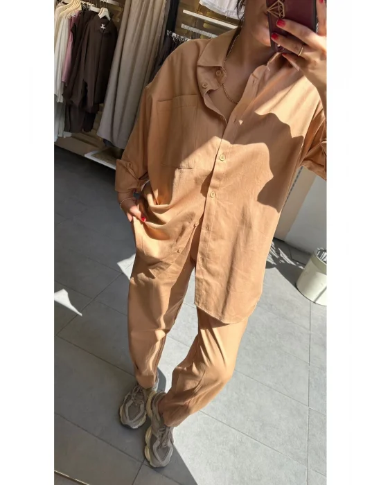MetuCa Kadın Camel Gabardin Takım: Oversize Gömlek & Beli Lastikli Havuç Kesim Pantolon